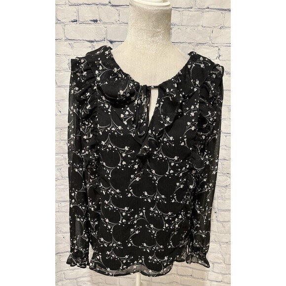 Ann Taylor Loft Women's Black Floral Ruffle Neck Long Sleeve Boho Romantic Large - Picture 1 of 8